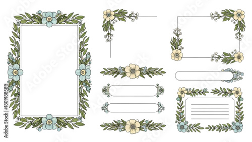 Elegant Collection of Hand-Drawn Floral Frames, Borders, and Dividers for Decoration