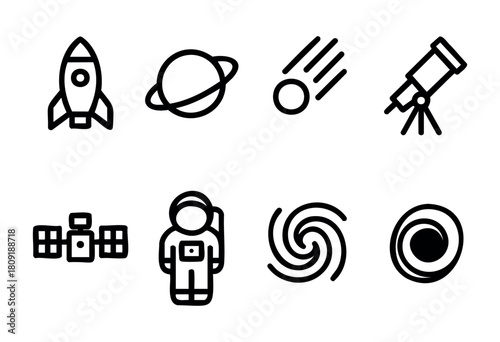 This vibrant illustration showcases symbols of outer space exploration, including rockets, planets, telescopes, and astronauts, highlighting humanity's curiosity and adventure in the cosmos.