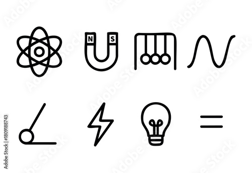 Various symbols illustrate basic physics concepts, including an atom, magnet, pendulum, wave, force, lightning bolt, and light bulb, suitable for educational contexts.