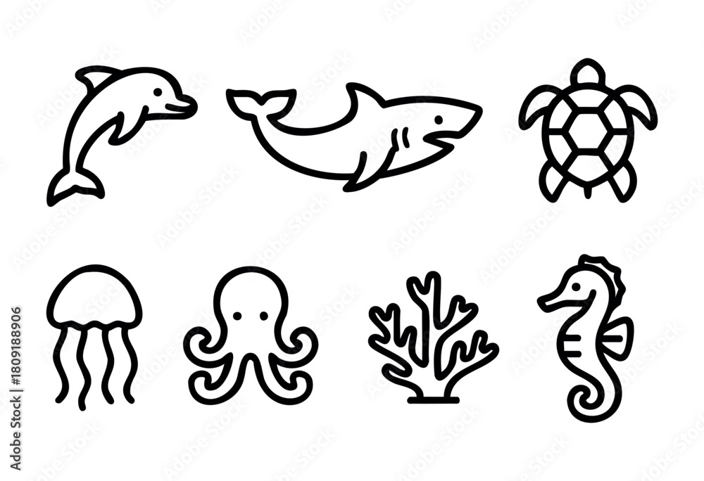 Obraz premium A collection of marine life icons features seven creatures including a dolphin, shark, turtle, jellyfish, octopus, coral, and seahorse, designed in a minimalist line art style.