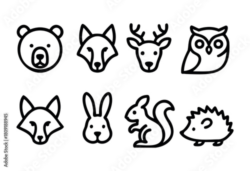 Various animal icons are displayed in simple line art style. The collection features a bear, fox, deer, owl, rabbit, squirrel, and hedgehog, showcasing different wildlife.