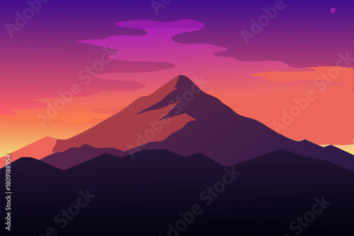 Stylized mountain landscape with vibrant sunset sky and clouds