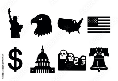 Various well-known symbols of the United States are displayed, including the Statue of Liberty, an eagle, a map, and the American flag, showcasing national pride.