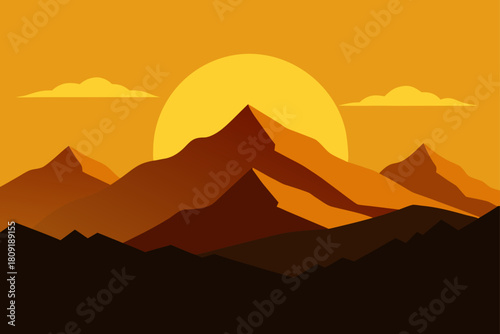 Golden mountain sunset landscape. flat design vector background.