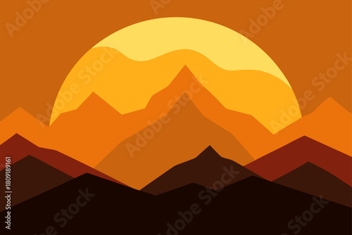 Stylized mountain landscape with setting sun, warm color palette