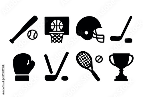 A variety of sports symbols including a baseball bat, basketball hoop, football helmet, hockey stick, boxing glove, tennis racket, and a trophy showcasing athletic diversity.