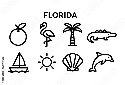 Illustration features icons like an orange, flamingo, palm tree, alligator, sailboat, sun, seashell, and dolphin, showcasing Florida's unique wildlife and coastal beauty.