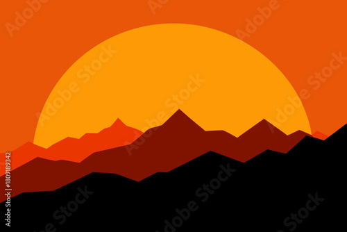 Minimalist orange sunset behind abstract mountain range illustration