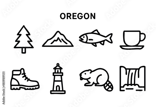 Various symbols represent Oregon's diverse landscape, including mountains, forests, wildlife, and coffee culture. Each symbol highlights a unique aspect of this beautiful state.