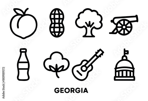 Icons depict key elements of Georgia's culture, including a peach, peanut, tree, cannon, bottle, cotton, guitar, and a capitol dome, showcasing the state's uniqueness.