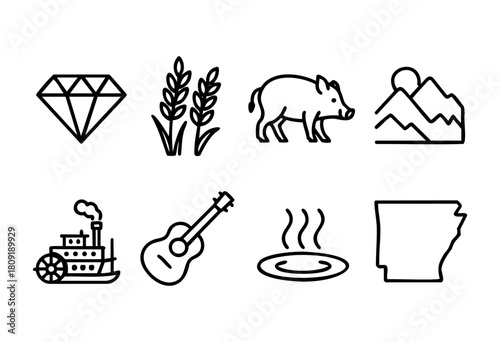 Various icons depict elements of Arkansas culture, including a diamond, livestock, nature, and local cuisine, showcasing the state's rich heritage and activities.