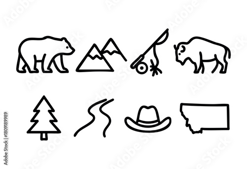 Various icons represent the natural beauty and cultural heritage of Montana. Featured are a bear, mountains, a plow, a bison, a tree, a river, a cowboy hat, and the outline of Montana.