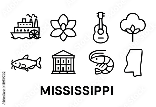 This creative illustration showcases key symbols of Mississippi, including cultural elements like music and cuisine, along with natural beauty and landmarks.
