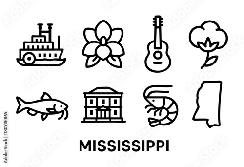 The graphic displays well-known symbols of Mississippi, including a steamboat, magnolia flower, guitar, cotton plant, catfish, historic building, shrimp, and the state outline, reflecting local cultur