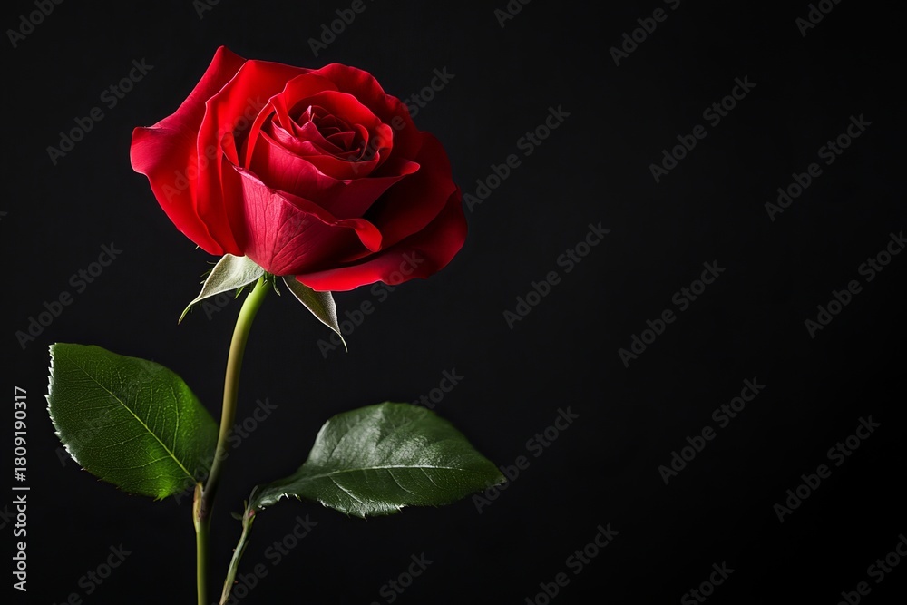 Naklejka premium Single red rose stands against a stark black background with its green leaves providing contrast.