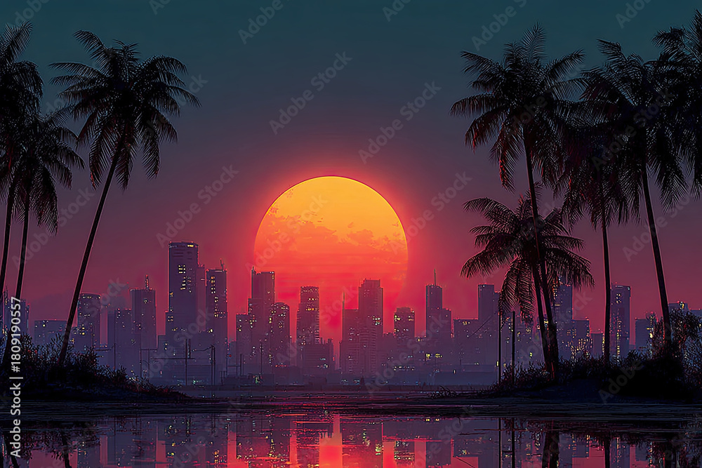 Fototapeta premium Neon sunset city skyline with palm silhouettes over reflective water
