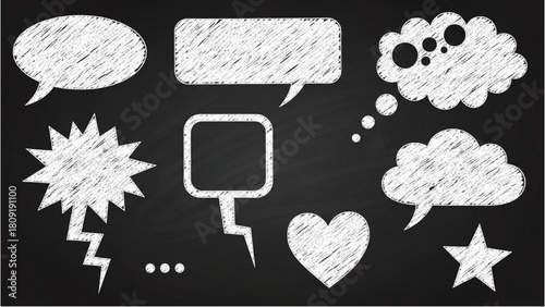 Diverse chalk-style speech bubbles and shapes on a dark background