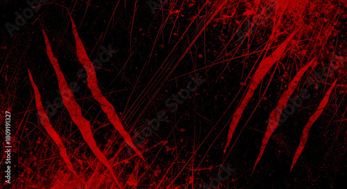 Abstract background with red claw marks and blood splatters on a dark surface, creating a dramatic and intense visual effect.