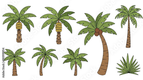 Diverse array of colorful tropical palm tree illustrations, perfect for summer vacation and beach-themed designs