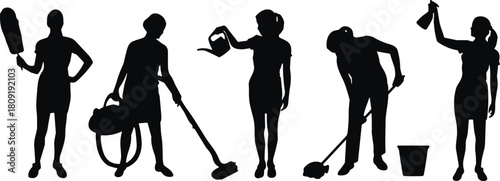 Vector collection of cleaning women silhouettes, housemaid with duster, vacuum, mop and spray bottle, domestic chore icons, housekeeping service graphic design