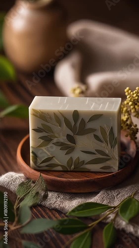 Pastel sage soap bar mockup with leafy natural background. Organic spa theme