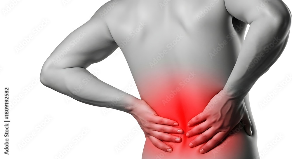 Naklejka premium Man with lower back pain highlighted in red on white background
