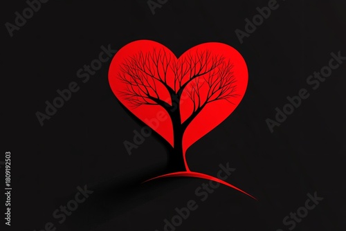 Stylized tree grows within a red heart shape against a dark backdrop, casting a subtle shadow.