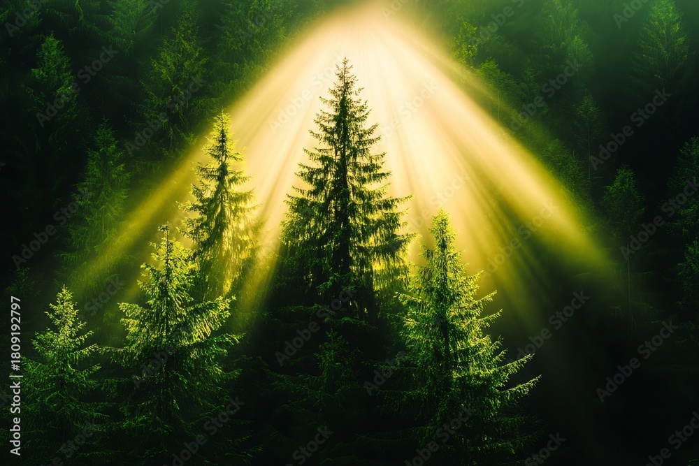 Obraz premium Sunbeams are piercing through the trees in the dark forest, illuminating the scene with yellow light.