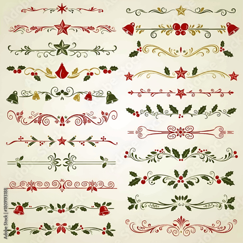 Collection of decorative Christmas dividers and borders with stars, bells, holly, berries, and swirls in red, green, and gold on a light background.