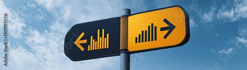 A directional sign featuring bar graph icons pointing left and right against a clear blue sky, symbolizing choices or trends.