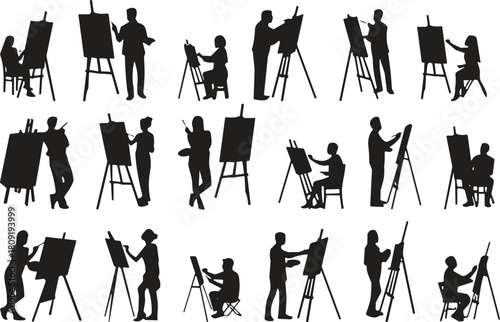 Vector collection of artist painting silhouettes, people with easel and canvas, art class creative activity, black painter figures for design, isolated set