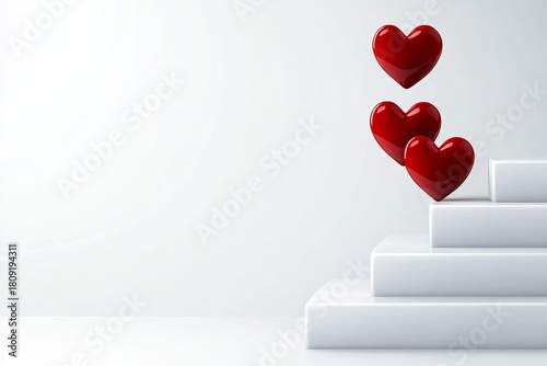 Three red heart shapes float above white minimalist steps against a plain background!
