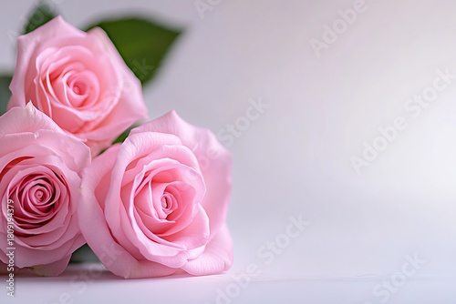 Three pink roses rest gently against a light backdrop creating a soft, minimalist aesthetic.
