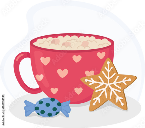 Cute still life with pink heart‑patterned cup, candy in a blue wrapper and a star‑shaped gingerbread cookie. Mug filled with cappuccino or cocoa with dessert