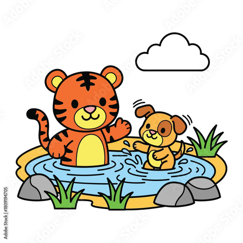 Cute Cartoon Tiger and Puppy Dog Friends Playing in Water Pond. Happy Animals Splashing and Waving in Nature Puddle for Kids Design Vector Illustration.