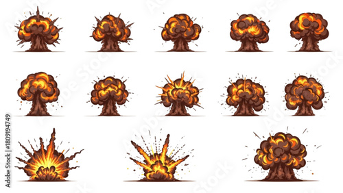Animated game asset of powerful cartoon explosions with varying stages for destructive visual effects
