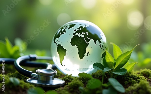 Glass globe with continents illustration, stethoscope nestled in green foliage. Concept of environmental health care eco-medical awareness in natural environment. Sustainable, green, organic, healthy