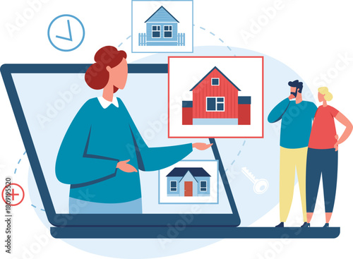 Real estate agent assisting couple finding new home online