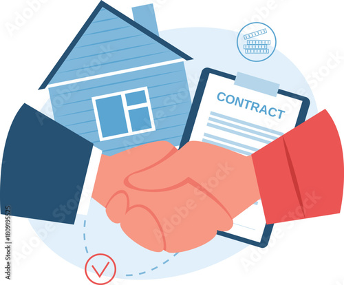Real estate deal closing with contract and handshake