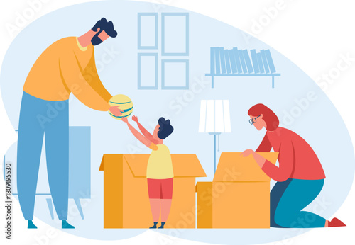 Family unpacking boxes in new home playroom