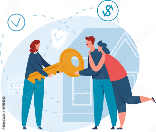 Real estate agent handing house key to happy couple