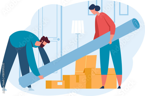 Couple moving house carrying rug and boxes