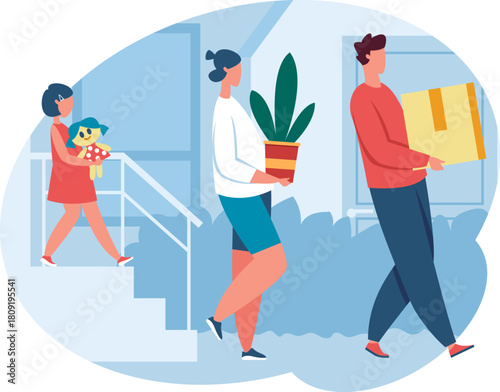 Family moving house carrying possessions together