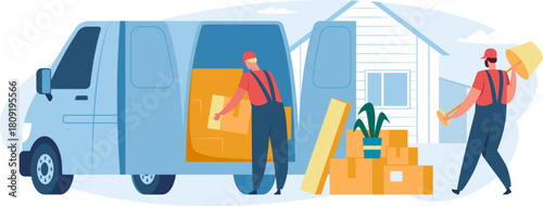 Professional movers loading boxes into moving van