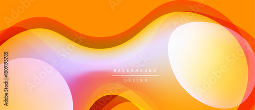 Abstract fluid shapes, warm colors blend. Orange, yellow, pink hues create modern background design. Smooth gradients, dynamic composition.