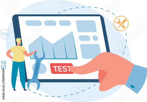 Developer testing software application on digital tablet