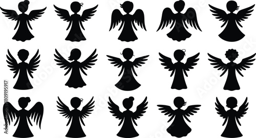 Angel silhouette illustration set, winged spiritual icons, halo figures, divine graphic, celestial symbol, holiday and faith design