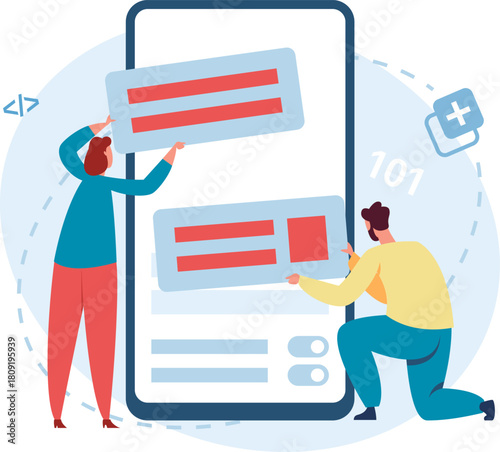 Developers building mobile application user interface on smartphone