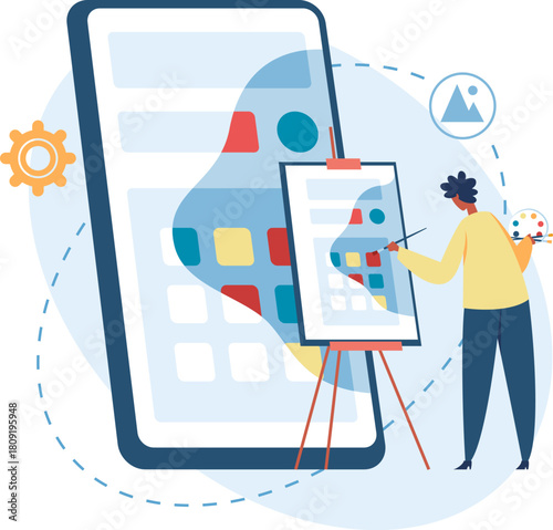 Person designing a mobile application user interface on an easel