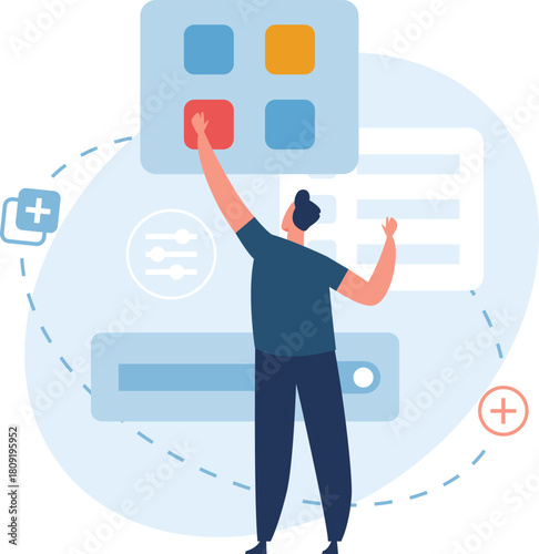 Man managing application interface selecting digital options